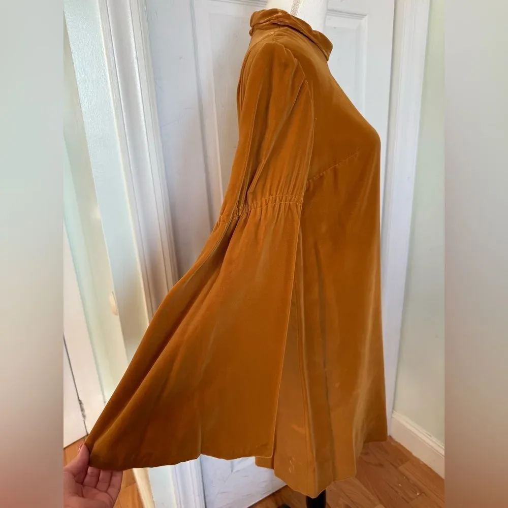 1970s Mustard Colored Rich Velvet High-Collar Dress
